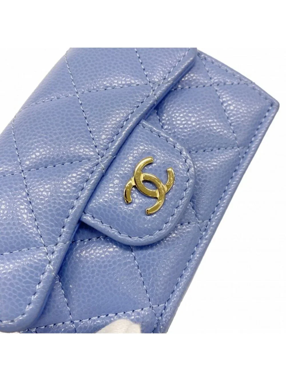 Chanel Trifold Wallet Quilted Caviar Leather Blue Gold - Picture 7 of 8